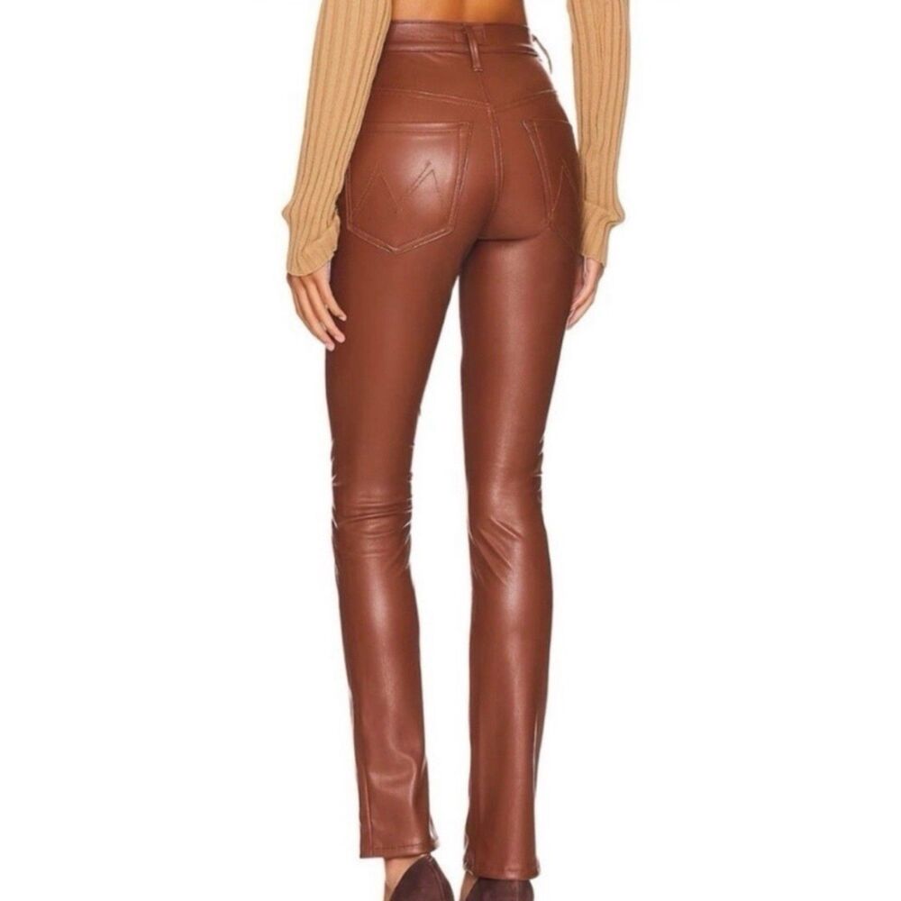 Mother High Waisted Rail Skimp Straight Faux Leather Pants Friar Brown Womens 27